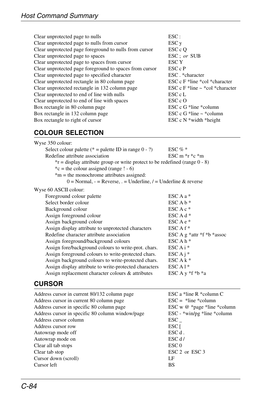 C-84, Host command summary, Colour selection | Cursor | HP Neoware e140 Thin Client User Manual | Page 454 / 484