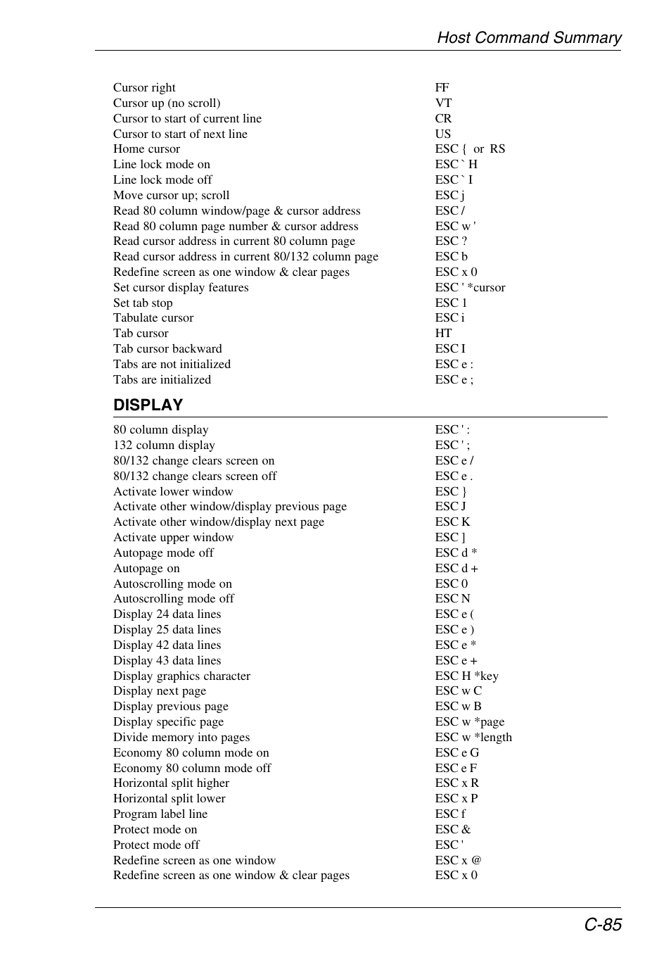 C-85, Host command summary, Display | HP Neoware e140 Thin Client User Manual | Page 455 / 484