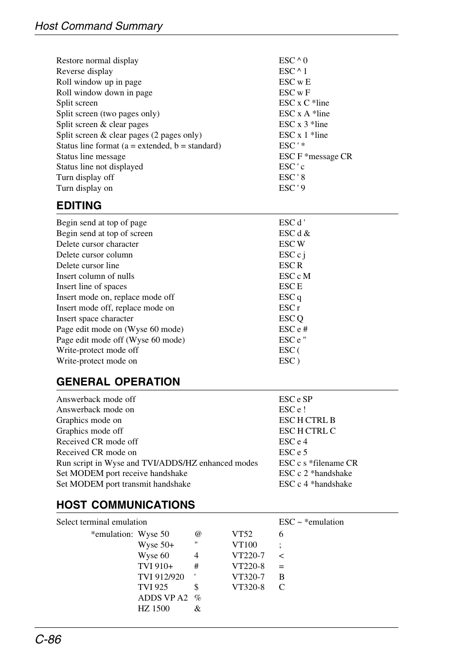C-86, Host command summary, Editing | General operation, Host communications | HP Neoware e140 Thin Client User Manual | Page 456 / 484