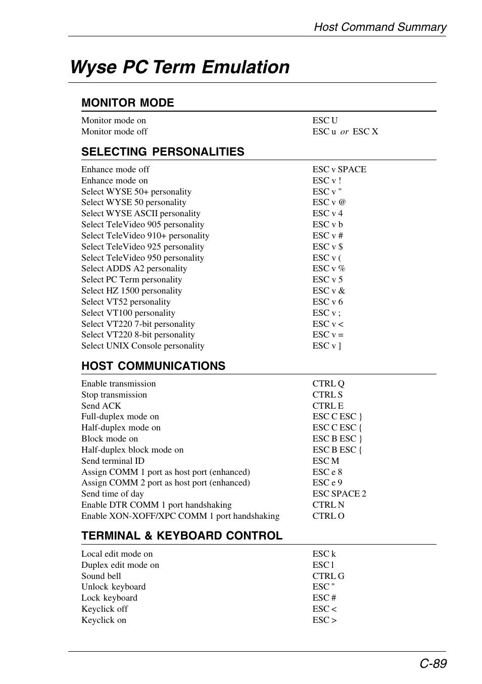 Wyse pc term emulation, Host command summary, C-89 | Monitor mode, Selecting personalities, Host communications, Terminal & keyboard control | HP Neoware e140 Thin Client User Manual | Page 459 / 484
