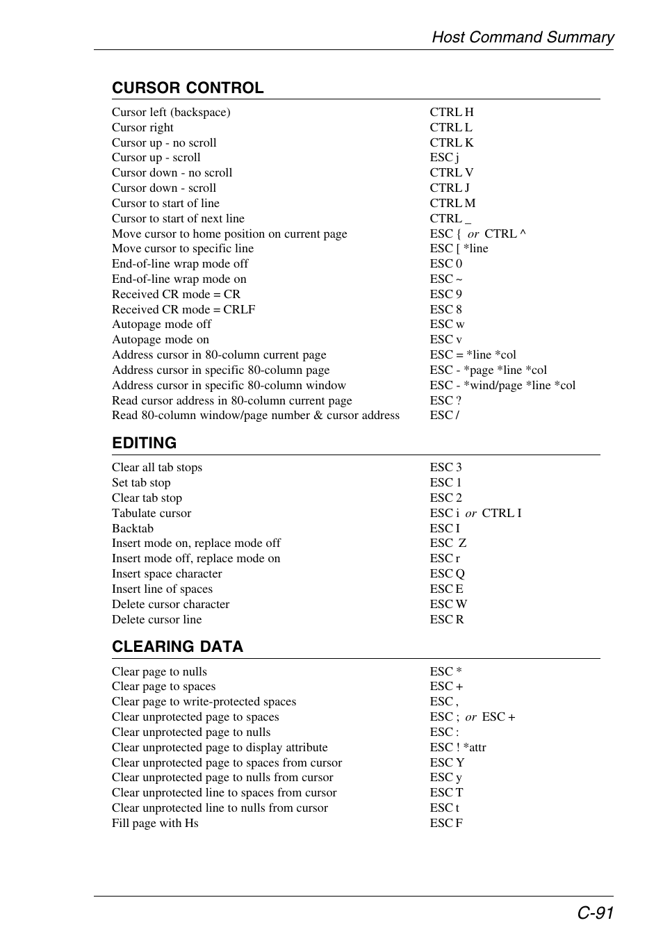 C-91, Host command summary cursor control, Editing | Clearing data | HP Neoware e140 Thin Client User Manual | Page 461 / 484