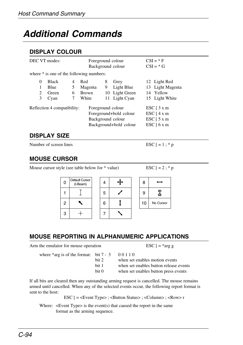 Additional commands, C-94, Host command summary | Display colour, Display size, Mouse cursor, Mouse reporting in alphanumeric applications | HP Neoware e140 Thin Client User Manual | Page 464 / 484