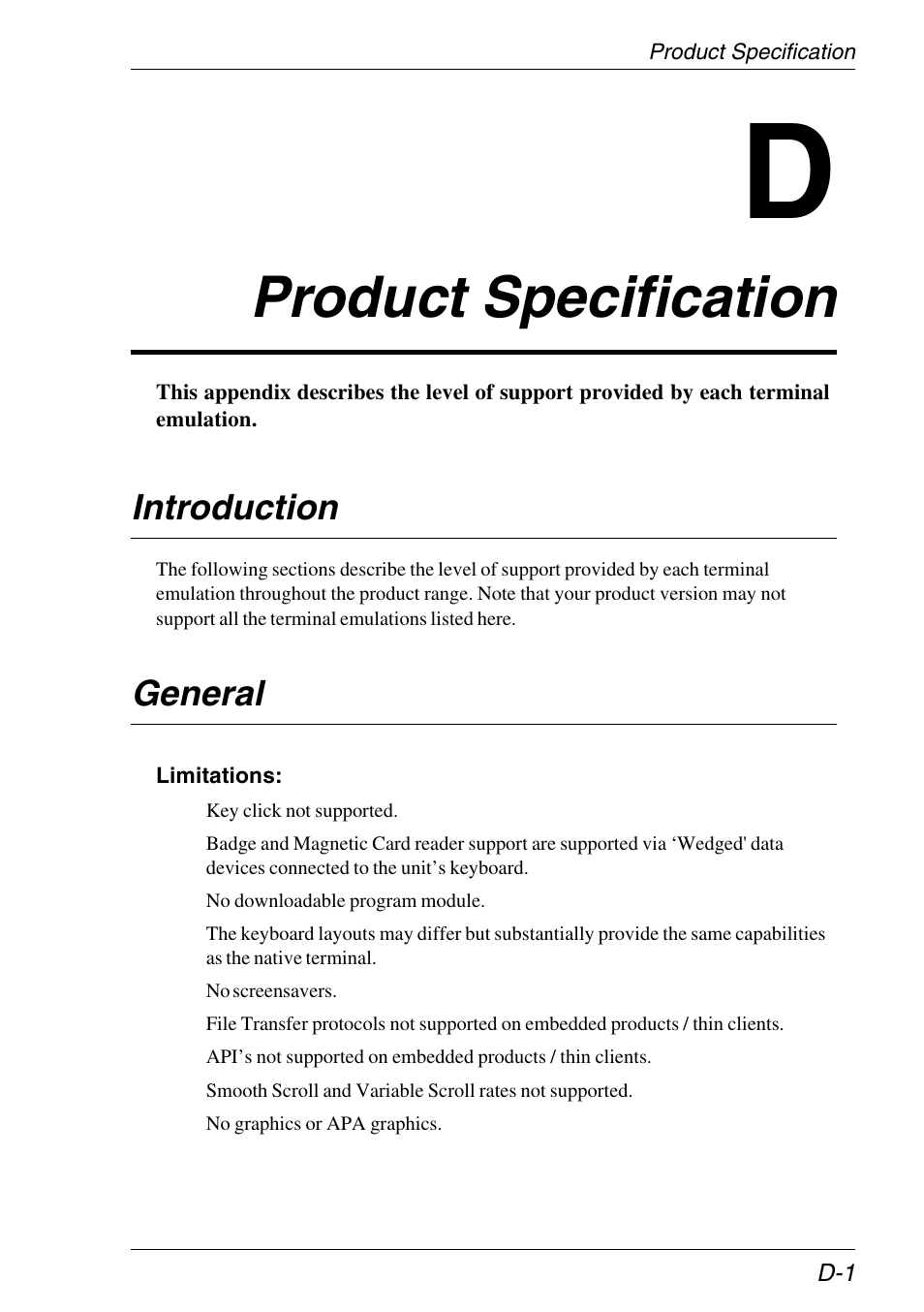 Product specification, Emulation support level, Specification | General, Support level, Level of support, Introduction | HP Neoware e140 Thin Client User Manual | Page 467 / 484