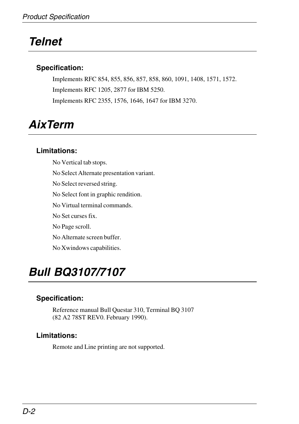 Specification, Aixterm, Bull bq 3107/7107 | Telnet | HP Neoware e140 Thin Client User Manual | Page 468 / 484
