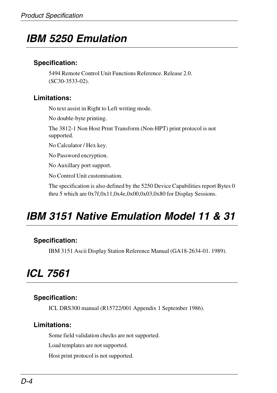 Specification, Ibm 3151, Ibm 5250 | Icl 7561, Ibm 5250 emulation | HP Neoware e140 Thin Client User Manual | Page 470 / 484