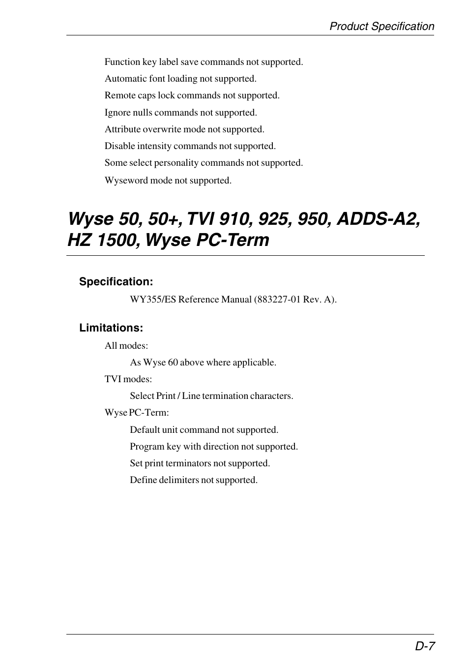 Wyse emulations, Specification | HP Neoware e140 Thin Client User Manual | Page 473 / 484