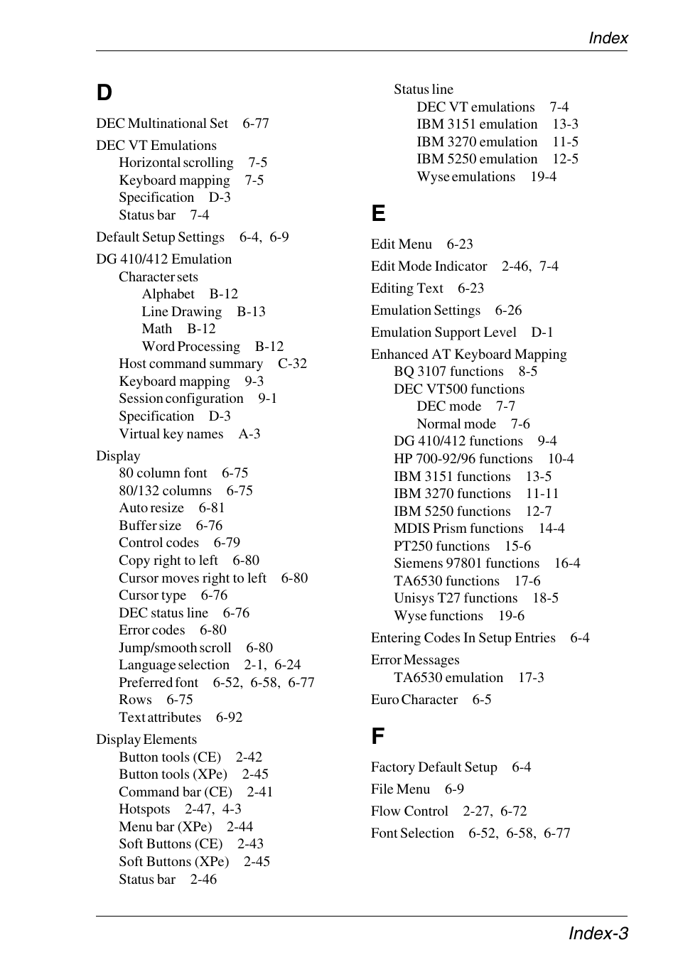 Dec vt emulations, Dg 410/412 emulation, Character sets | Display, Display elements, Status line, Enhanced at keyboard mapping, Dec vt500 functions, Error messages, Index-3 | HP Neoware e140 Thin Client User Manual | Page 477 / 484