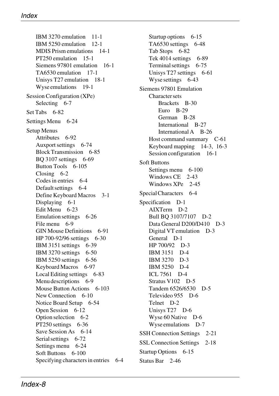 Session configuration (xpe), Setup menus, Siemens 97801 emulation | Character sets, Soft buttons, Index-8 | HP Neoware e140 Thin Client User Manual | Page 482 / 484