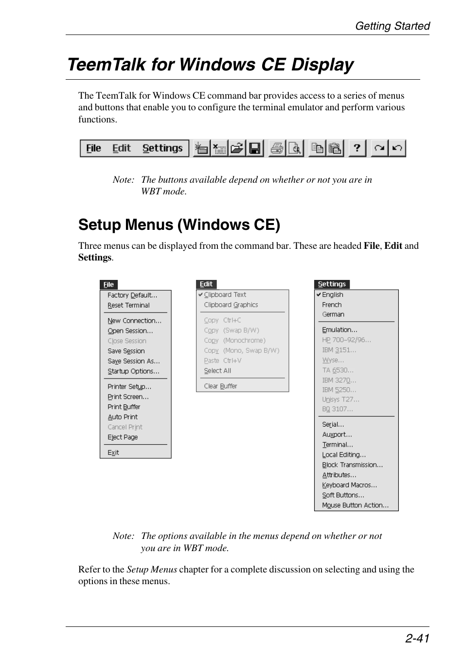 Teemtalk for windows ce display, Setup menus (windows ce), Command bar (ce) | Teemtalk for windows ce display -41, Setup menus (windows ce) -41 | HP Neoware e140 Thin Client User Manual | Page 57 / 484