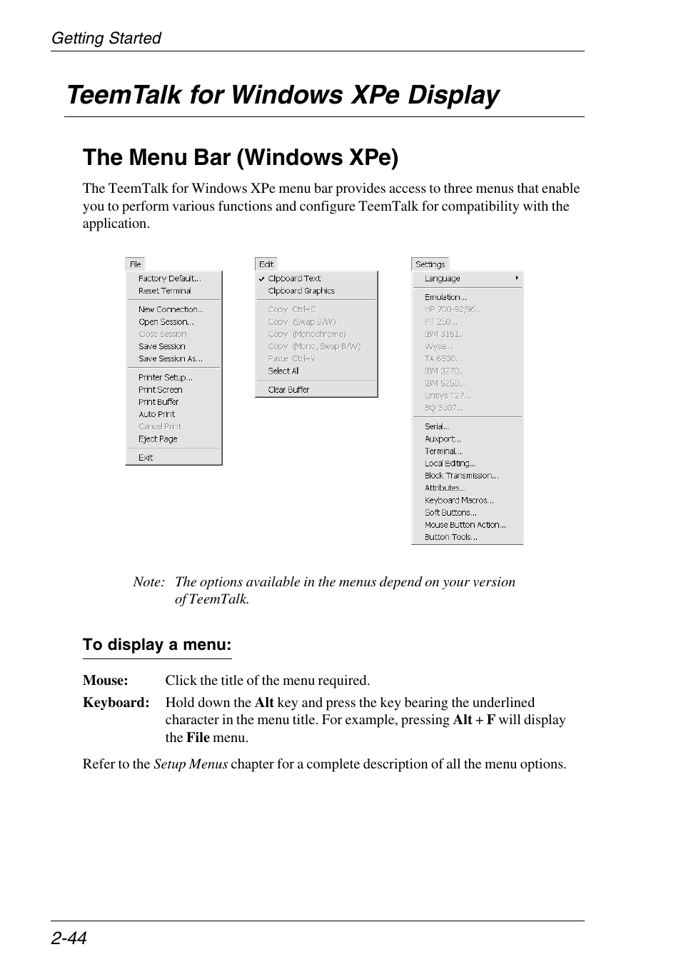 Teemtalk for windows xpe display, The menu bar (windows xpe), Menu bar (xpe) | Teemtalk for windows xpe display -44, The menu bar (windows xpe) -44 | HP Neoware e140 Thin Client User Manual | Page 60 / 484