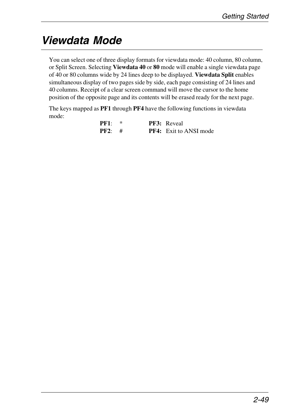 Viewdata mode, Viewdata function keys, Display formats | Key functions, Viewdata mode -49 | HP Neoware e140 Thin Client User Manual | Page 65 / 484
