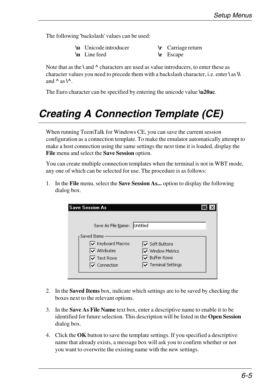 Creating a connection template (ce), Creating, Euro character | Save session (ce), Creating a connection template (ce) -5 | HP Neoware e140 Thin Client User Manual | Page 89 / 484