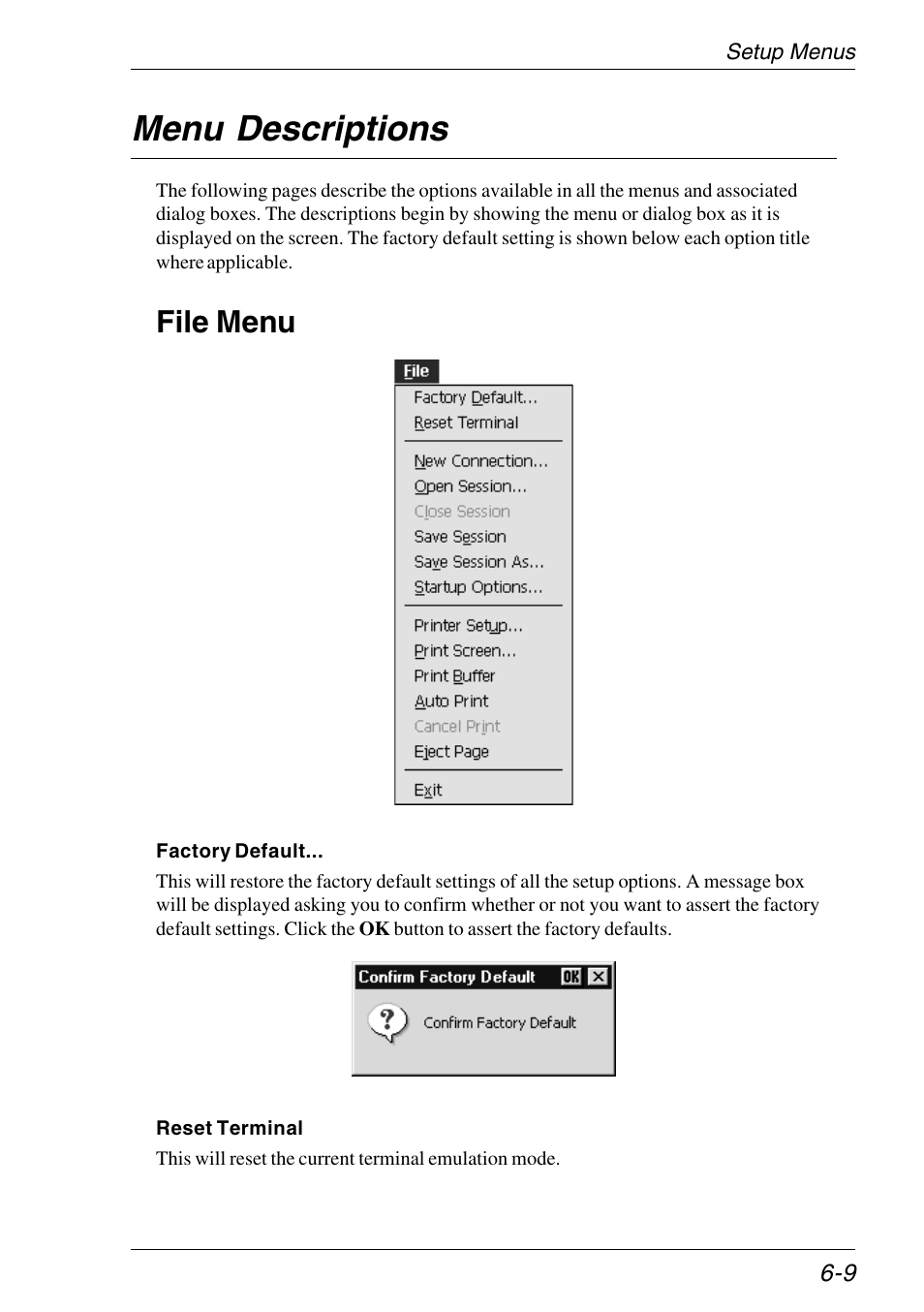 Menu descriptions, File menu, Reset terminal | Terminal reset, Menu descriptions -9, File menu -9 | HP Neoware e140 Thin Client User Manual | Page 93 / 484