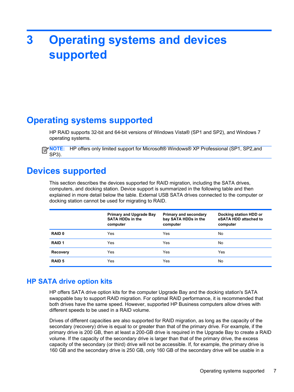 Operating systems and devices supported, Operating systems supported, Devices supported | Hp sata drive option kits, 3 operating systems and devices supported, Operating systems supported devices supported, 3operating systems and devices supported | HP EliteBook 8560w Mobile Workstation User Manual | Page 11 / 45