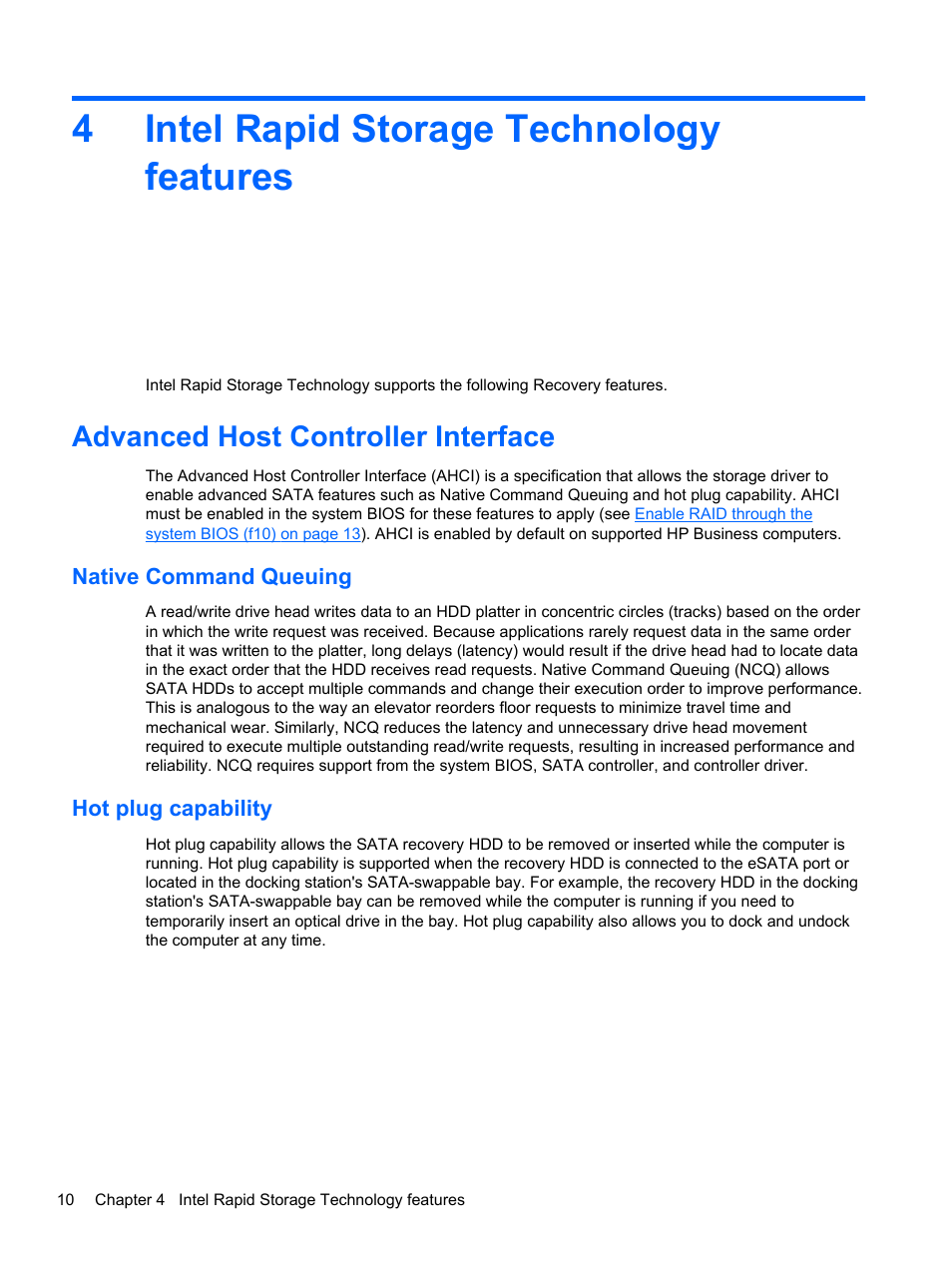 Intel rapid storage technology features, Advanced host controller interface, Native command queuing | Hot plug capability, 4 intel rapid storage technology features, 4intel rapid storage technology features | HP EliteBook 8560w Mobile Workstation User Manual | Page 14 / 45