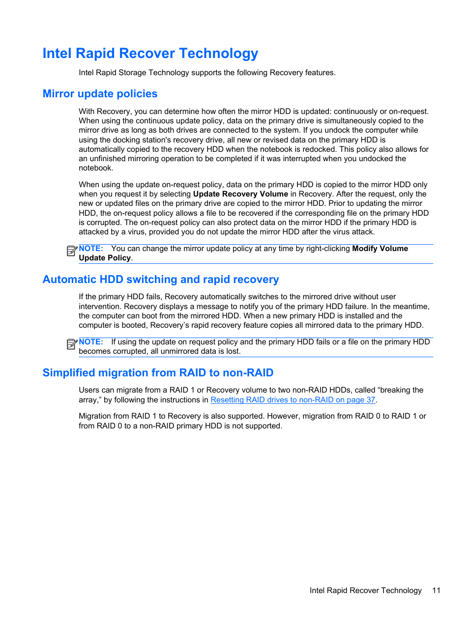Intel rapid recover technology, Mirror update policies, Automatic hdd switching and rapid recovery | Simplified migration from raid to non-raid | HP EliteBook 8560w Mobile Workstation User Manual | Page 15 / 45