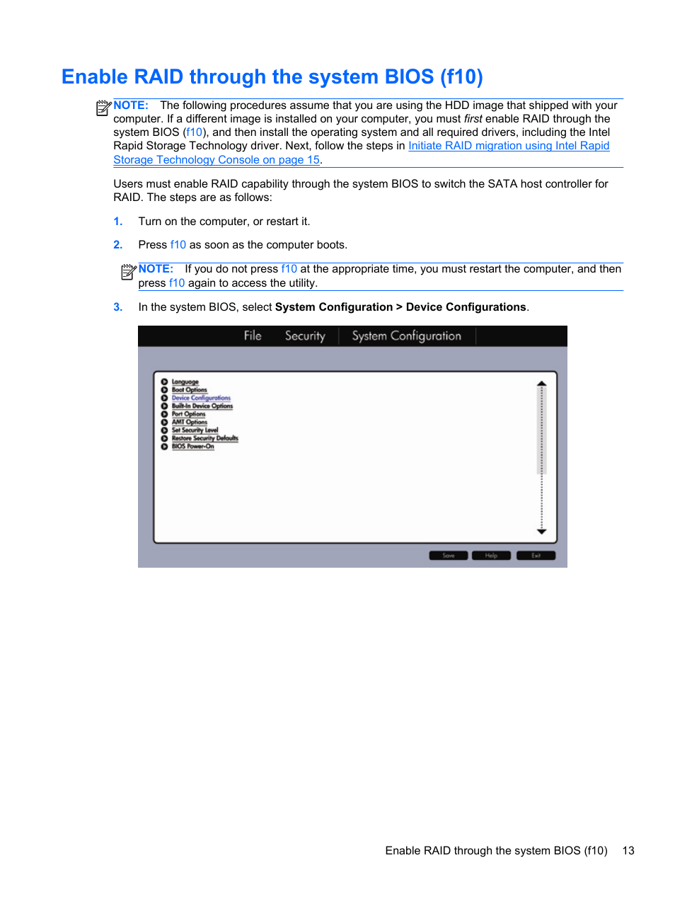 Enable raid through the system bios (f10) | HP EliteBook 8560w Mobile Workstation User Manual | Page 17 / 45