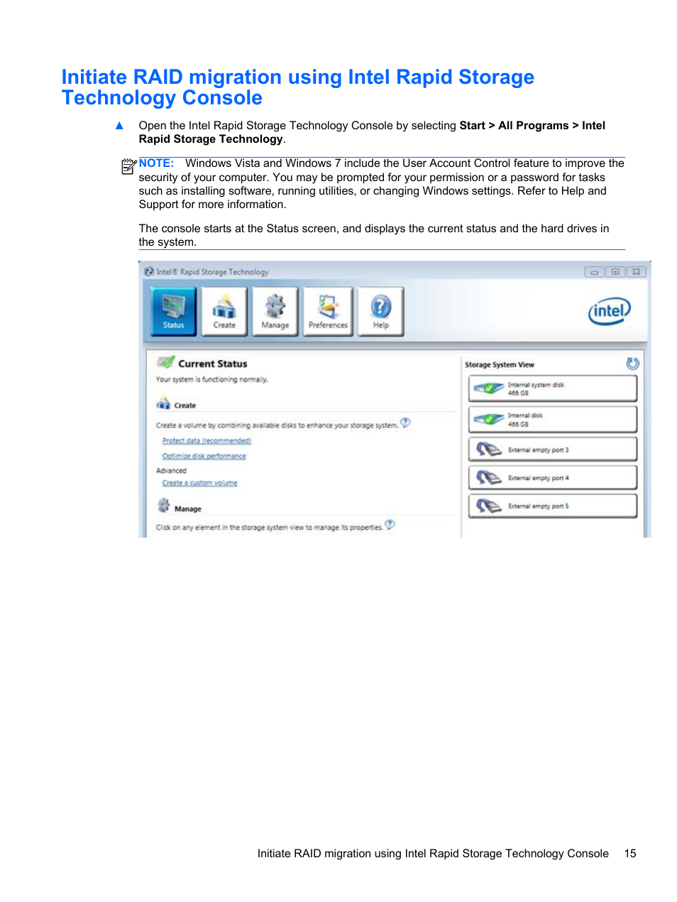 E steps in, Initiate raid migration using intel rapid | HP EliteBook 8560w Mobile Workstation User Manual | Page 19 / 45