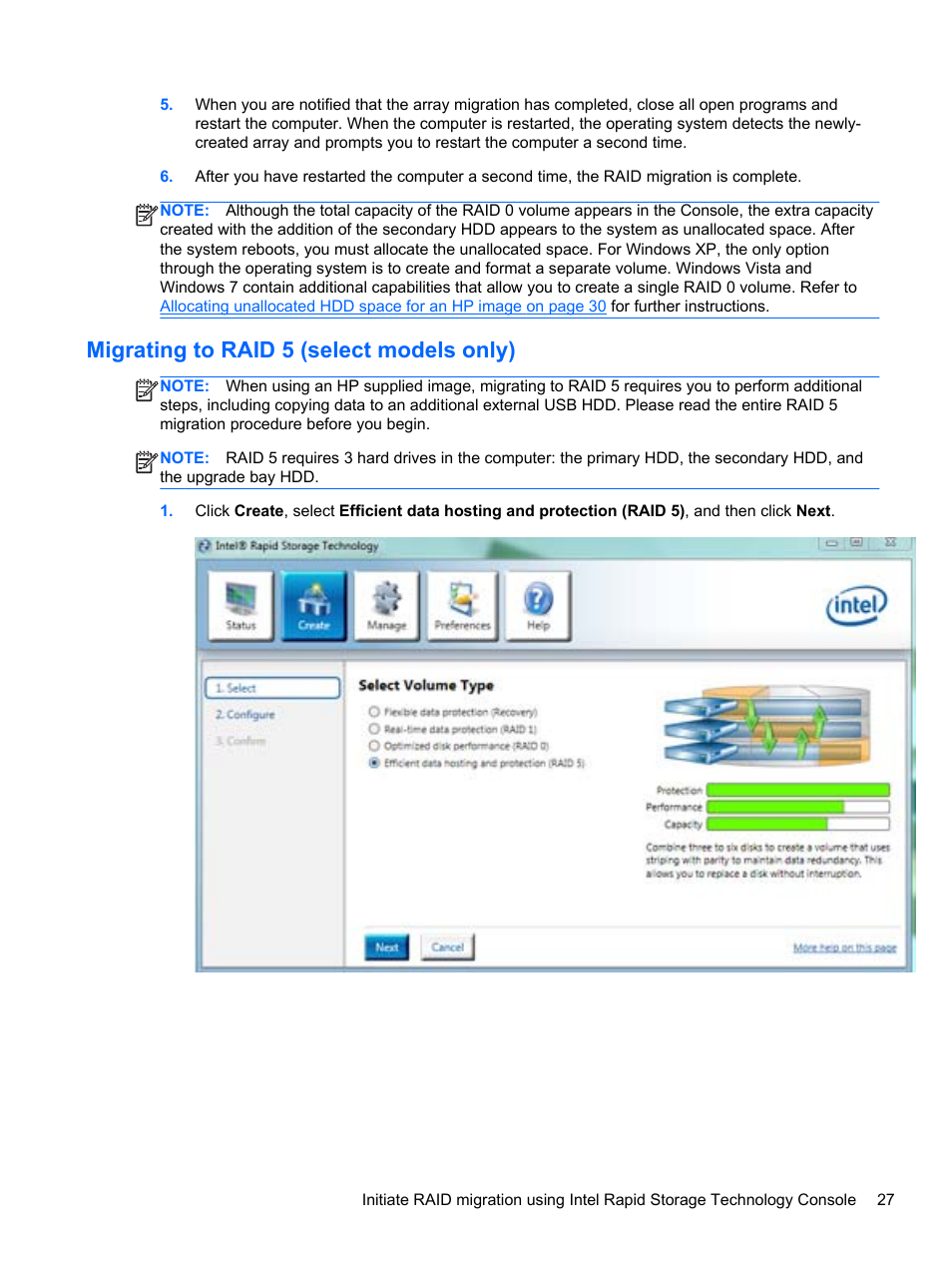 Migrating to raid 5 (select models only) | HP EliteBook 8560w Mobile Workstation User Manual | Page 31 / 45