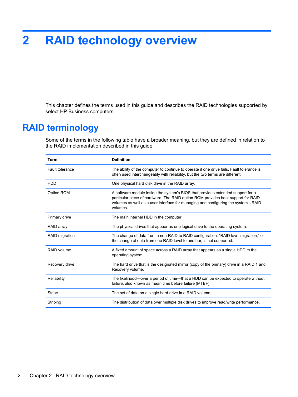 Raid technology overview, Raid terminology, 2 raid technology overview | 2raid technology overview | HP EliteBook 8560w Mobile Workstation User Manual | Page 6 / 45