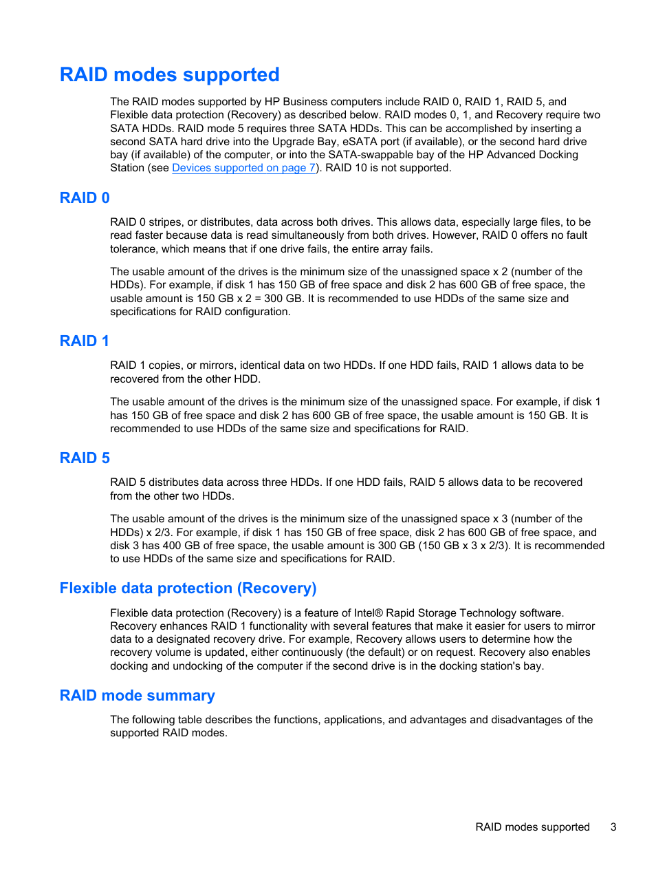 Raid modes supported, Raid 0, Raid 1 | Raid 5, Flexible data protection (recovery), Raid mode summary | HP EliteBook 8560w Mobile Workstation User Manual | Page 7 / 45