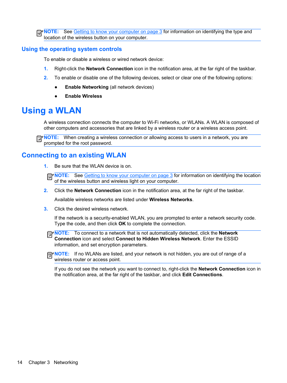 Using the operating system controls, Using a wlan, Connecting to an existing wlan | Connecting to an | HP EliteBook 820 G1 Notebook PC User Manual | Page 24 / 87