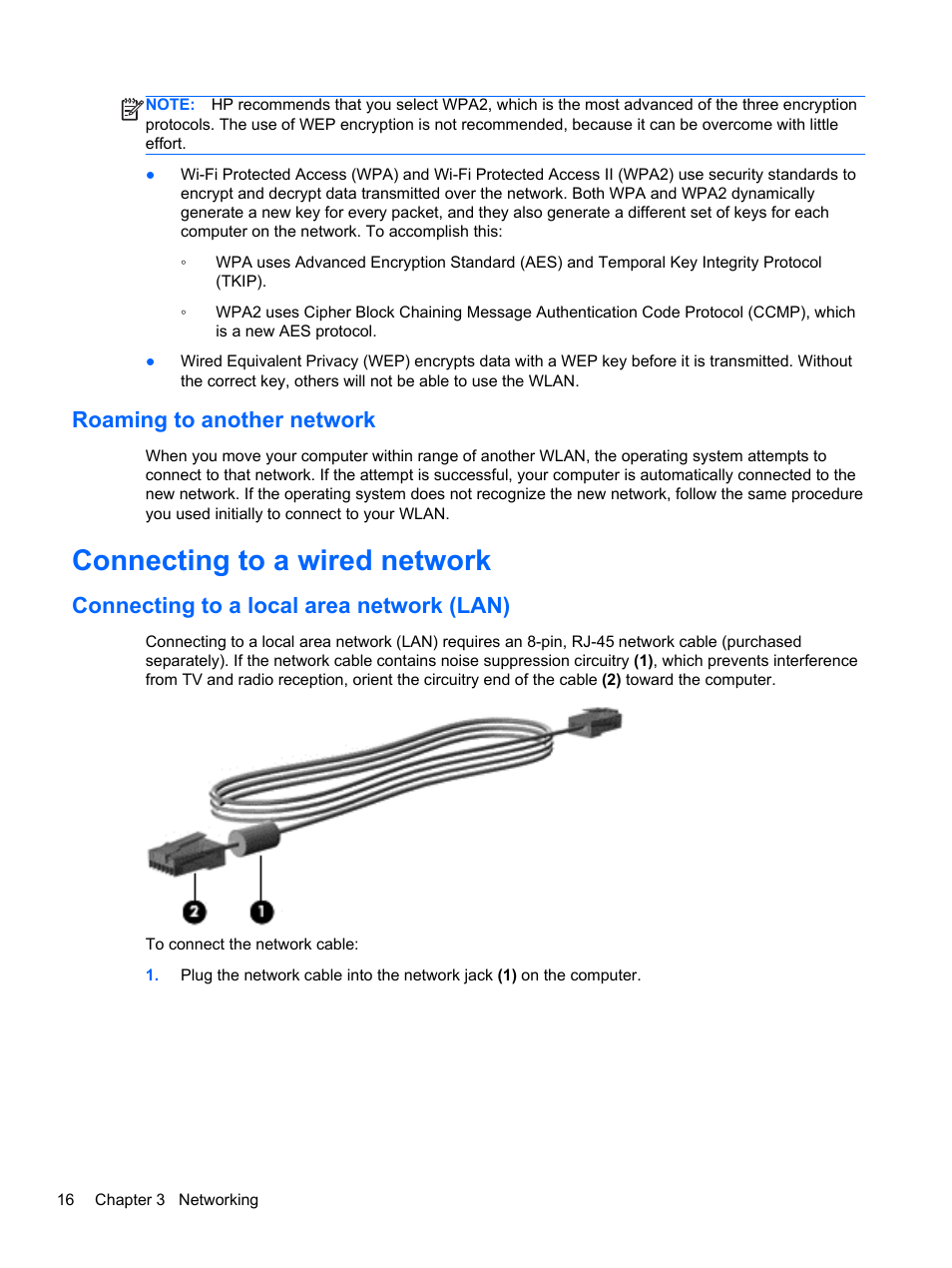 Roaming to another network, Connecting to a wired network, Connecting to a local area network (lan) | HP EliteBook 820 G1 Notebook PC User Manual | Page 26 / 87