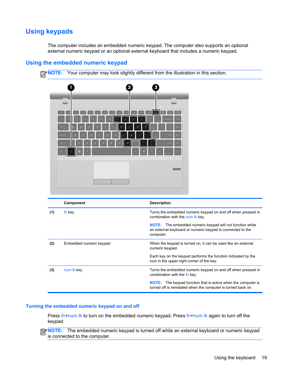 Using keypads, Using the embedded numeric keypad, Turning the embedded numeric keypad on and off | HP EliteBook 820 G1 Notebook PC User Manual | Page 29 / 87