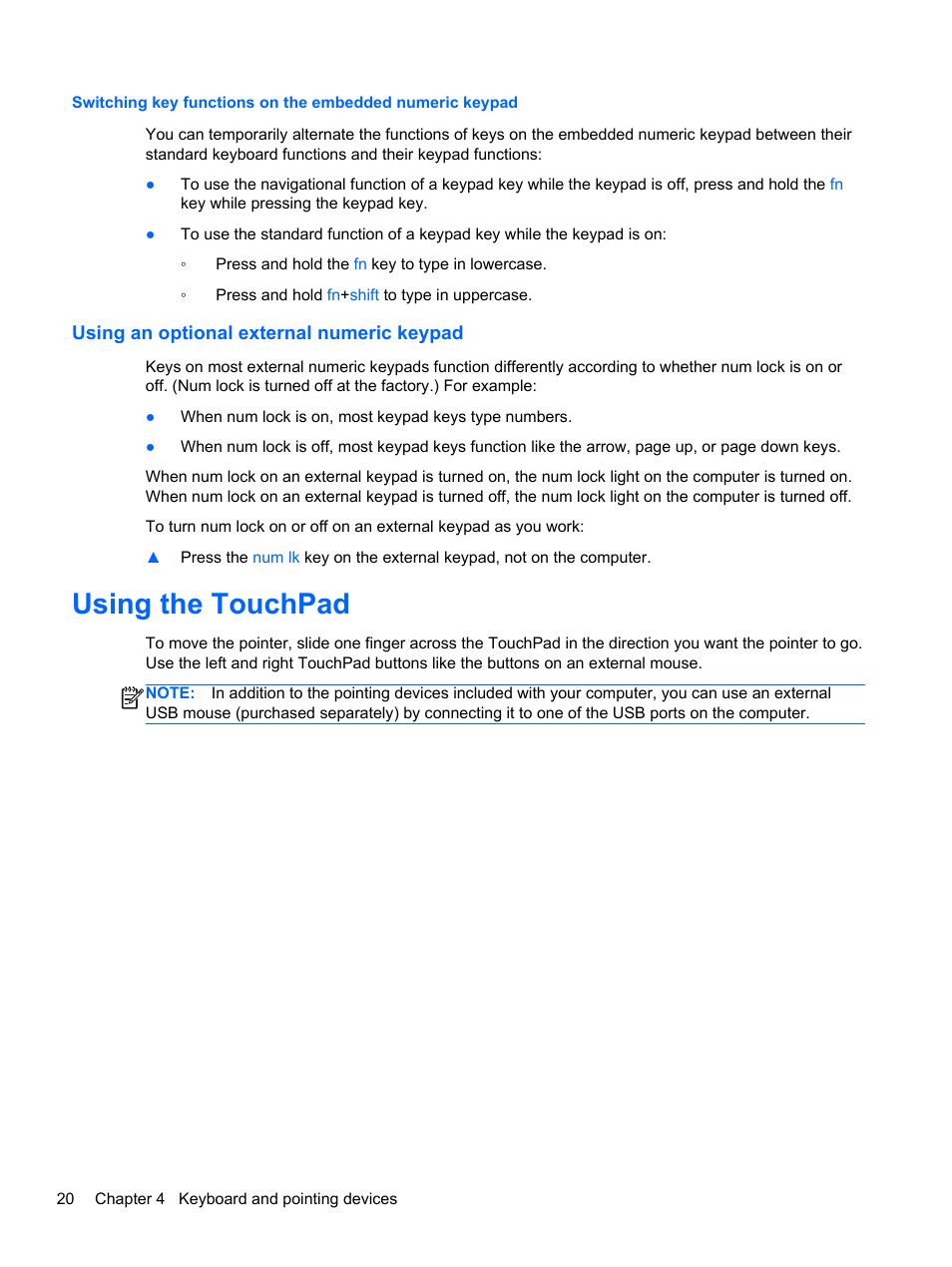 Using an optional external numeric keypad, Using the touchpad | HP EliteBook 820 G1 Notebook PC User Manual | Page 30 / 87