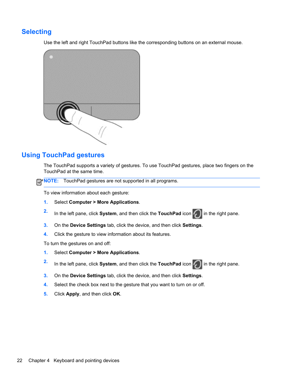 Selecting, Using touchpad gestures, Selecting using touchpad gestures | HP EliteBook 820 G1 Notebook PC User Manual | Page 32 / 87