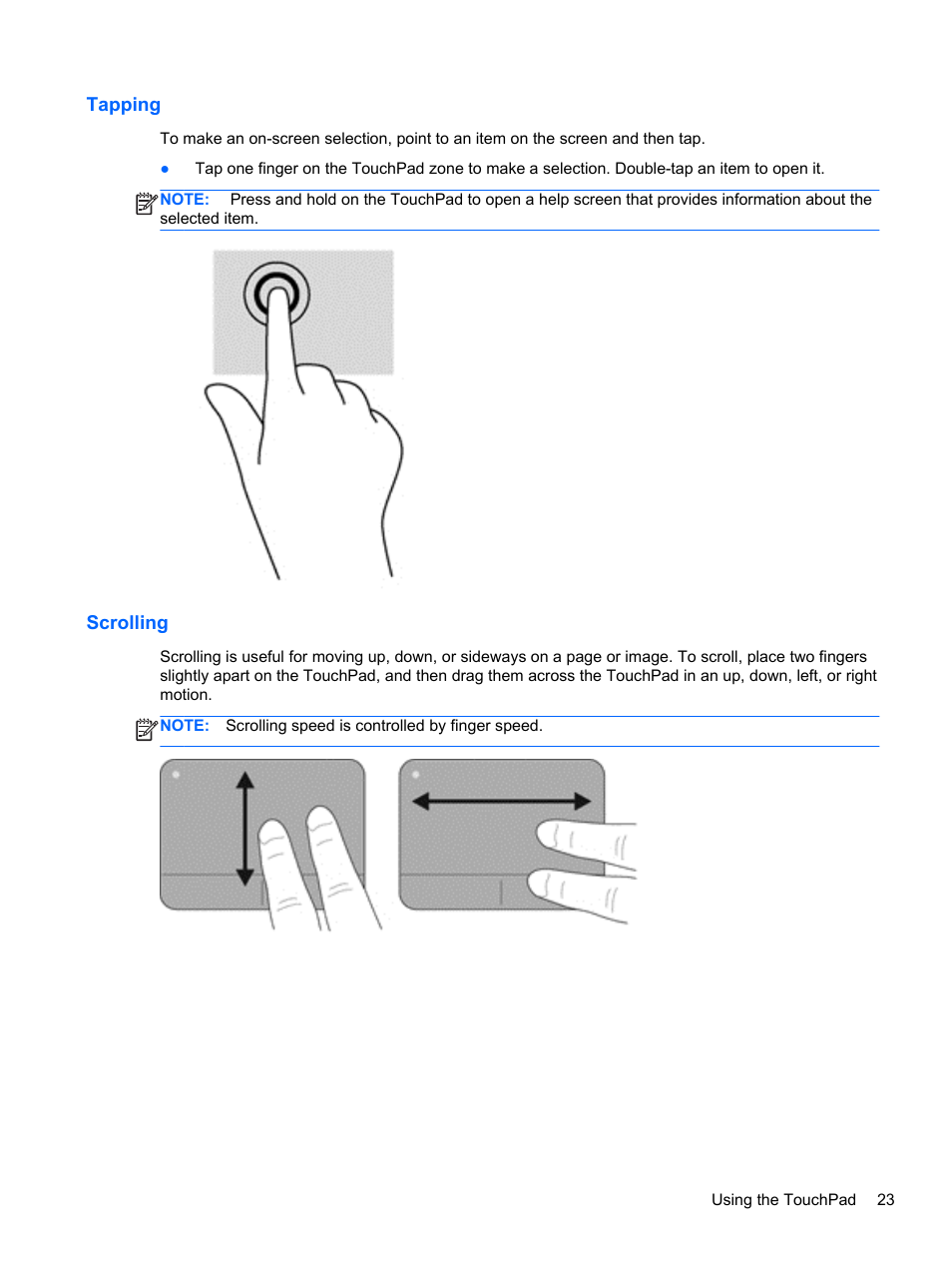 Tapping, Scrolling, Tapping scrolling | HP EliteBook 820 G1 Notebook PC User Manual | Page 33 / 87