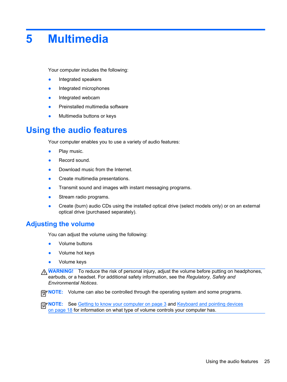 Multimedia, Using the audio features, Adjusting the volume | 5 multimedia, 5multimedia | HP EliteBook 820 G1 Notebook PC User Manual | Page 35 / 87