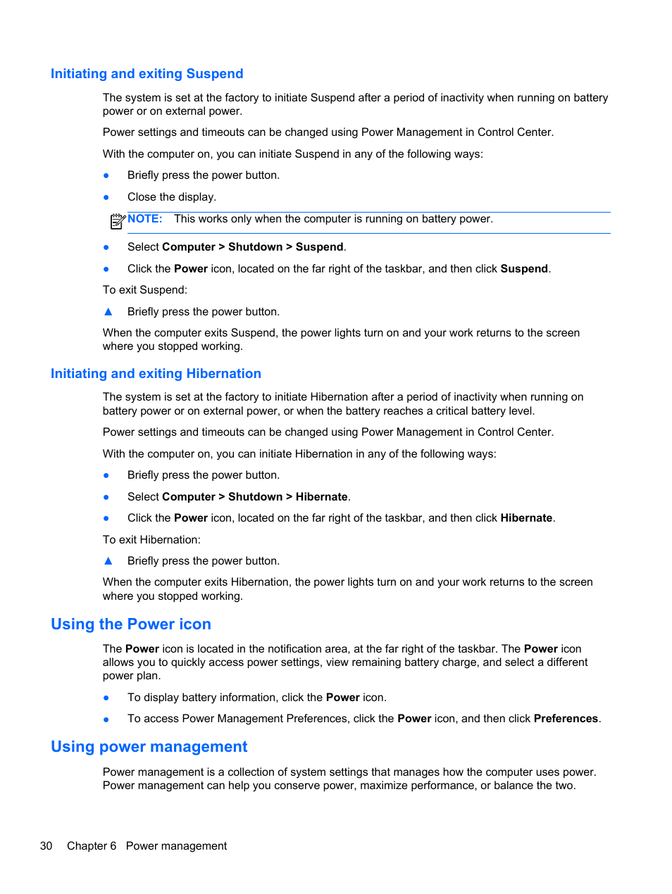 Initiating and exiting suspend, Initiating and exiting hibernation, Using the power icon | Using power management, Using the power icon using power management | HP EliteBook 820 G1 Notebook PC User Manual | Page 40 / 87