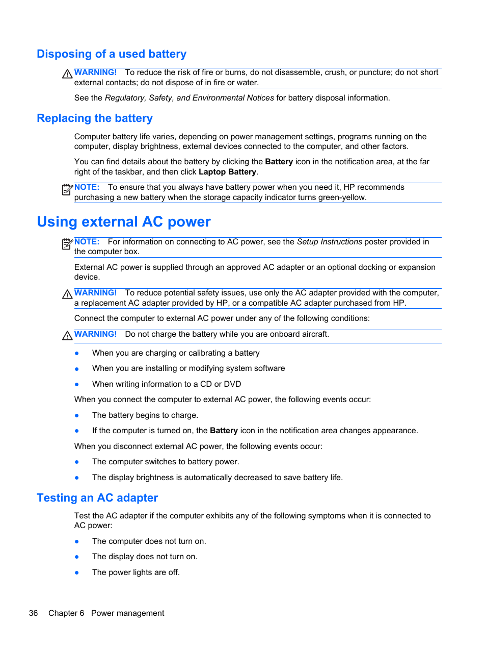Disposing of a used battery, Replacing the battery, Using external ac power | Testing an ac adapter, Disposing of a used battery replacing the battery | HP EliteBook 820 G1 Notebook PC User Manual | Page 46 / 87