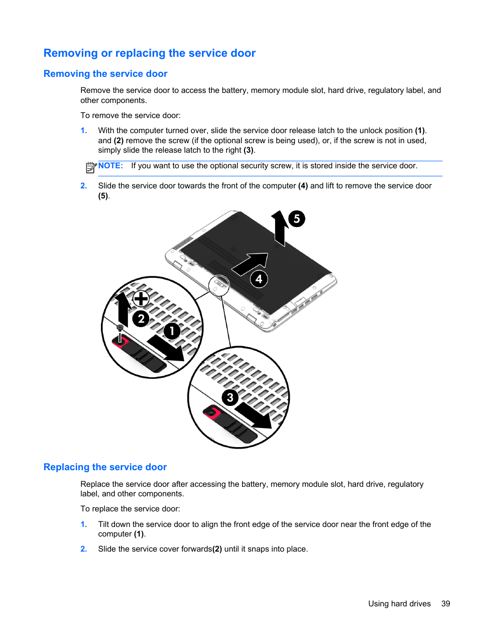 Removing or replacing the service door, Removing the service door, Replacing the service door | HP EliteBook 820 G1 Notebook PC User Manual | Page 49 / 87