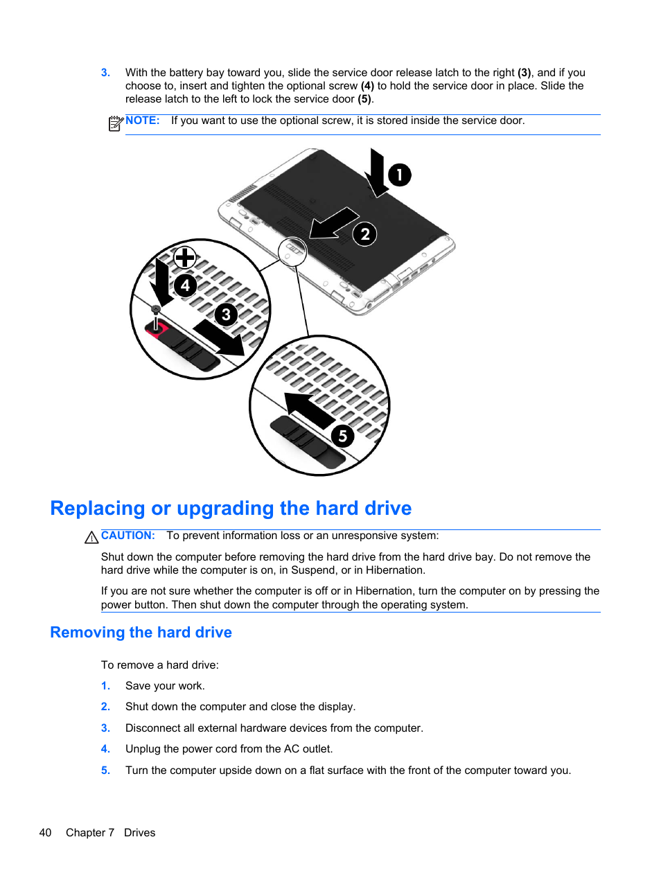 Replacing or upgrading the hard drive, Removing the hard drive | HP EliteBook 820 G1 Notebook PC User Manual | Page 50 / 87