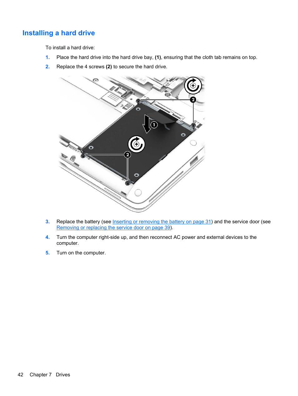 Installing a hard drive | HP EliteBook 820 G1 Notebook PC User Manual | Page 52 / 87