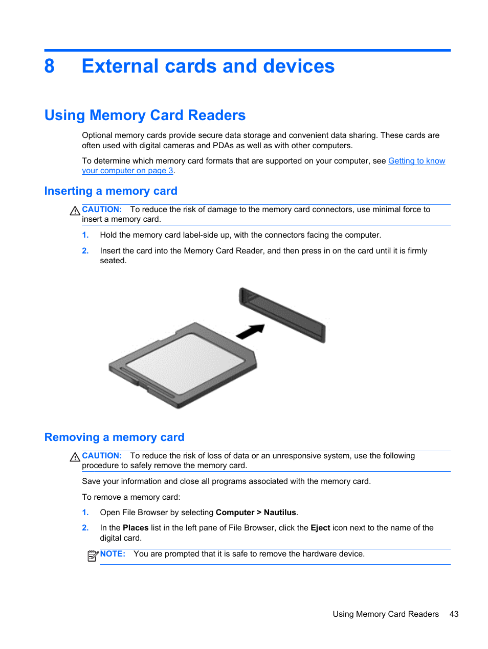 External cards and devices, Using memory card readers, Inserting a memory card | Removing a memory card, 8 external cards and devices, Inserting a memory card removing a memory card, 8external cards and devices | HP EliteBook 820 G1 Notebook PC User Manual | Page 53 / 87