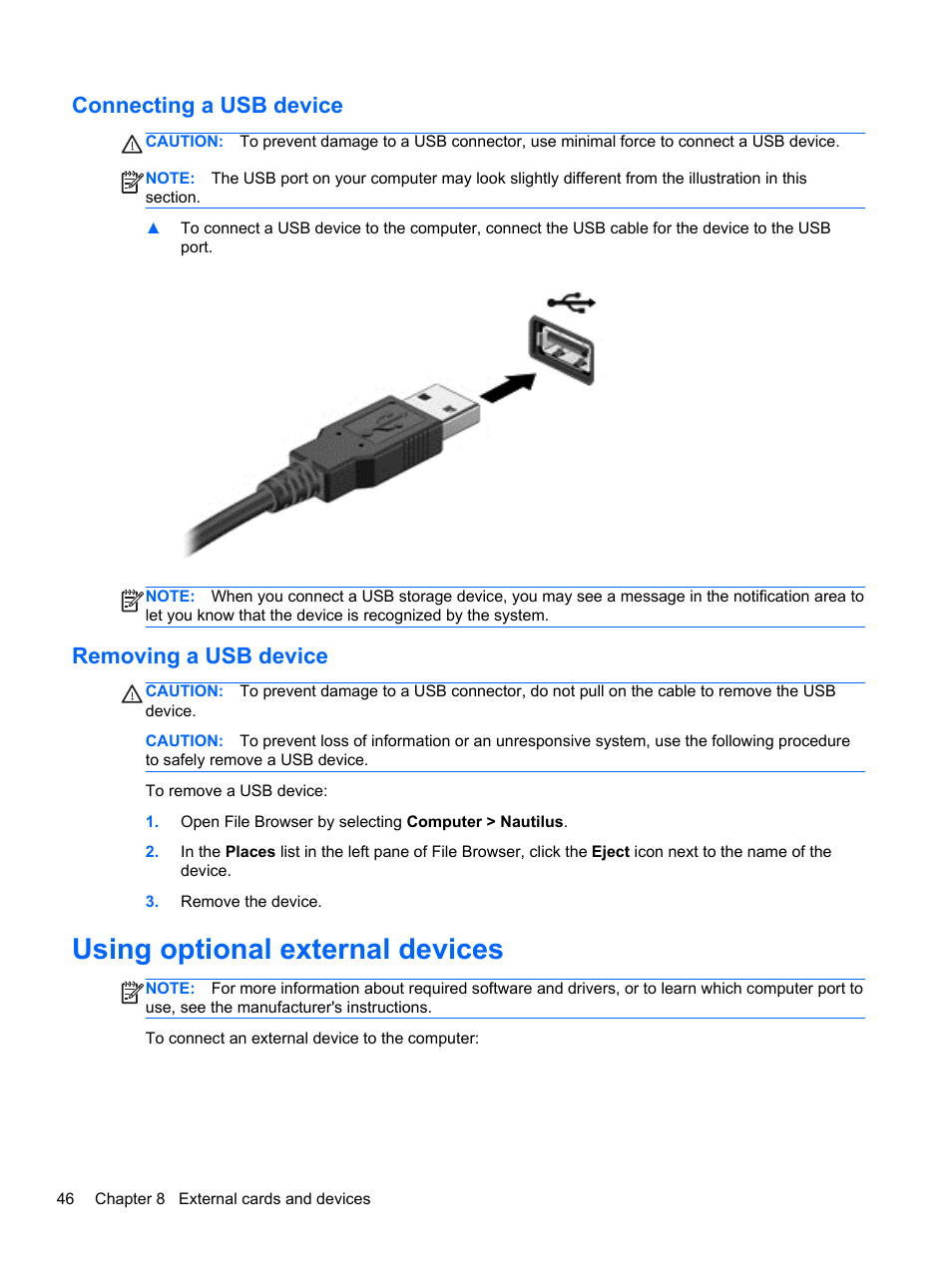 Connecting a usb device, Removing a usb device, Using optional external devices | Connecting a usb device removing a usb device | HP EliteBook 820 G1 Notebook PC User Manual | Page 56 / 87