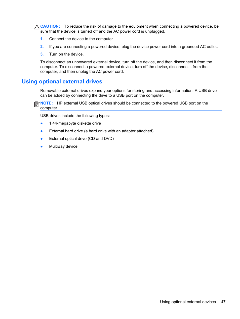 Using optional external drives | HP EliteBook 820 G1 Notebook PC User Manual | Page 57 / 87