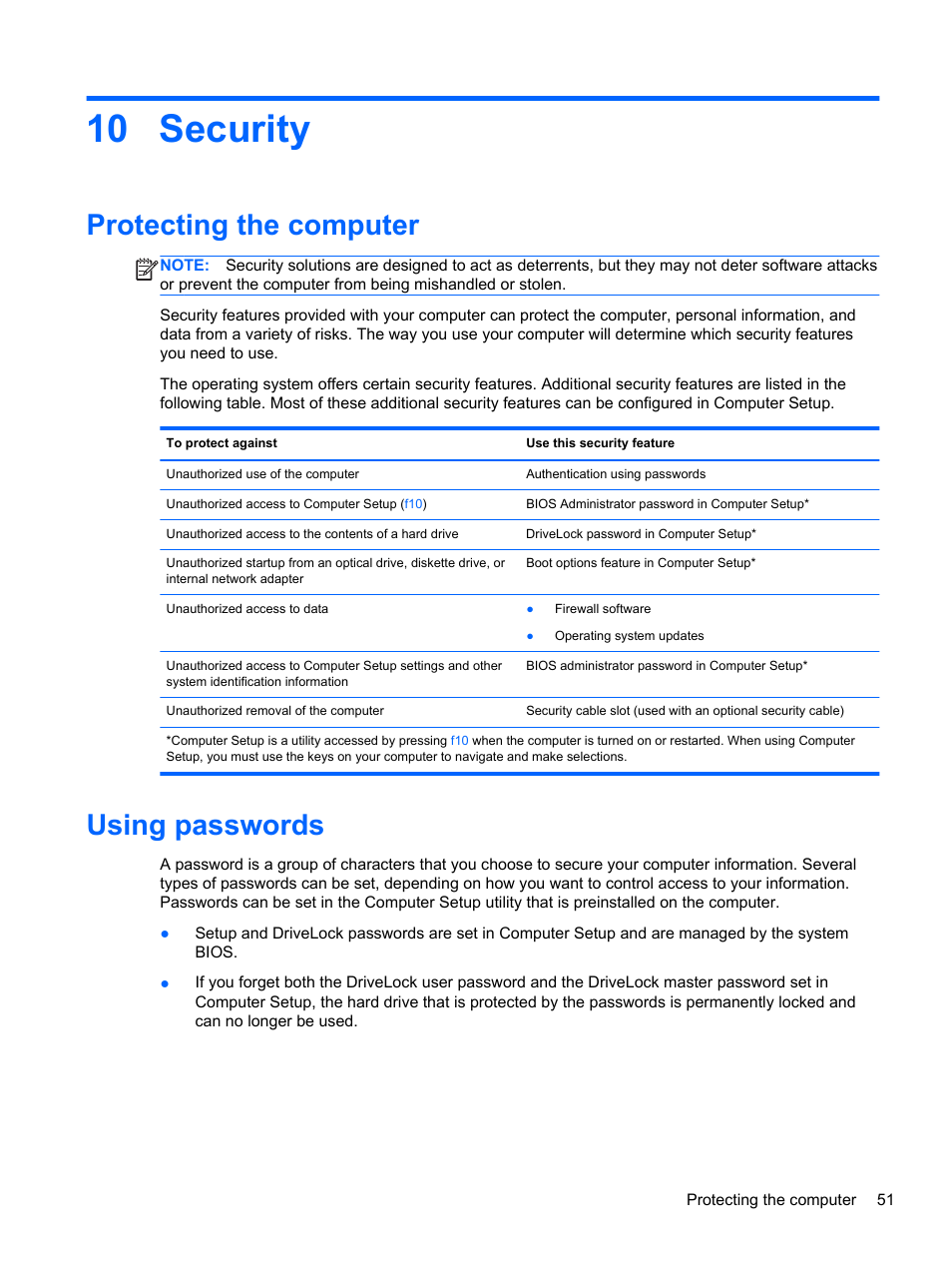 Security, Protecting the computer, Using passwords | 10 security, Protecting the computer using passwords | HP EliteBook 820 G1 Notebook PC User Manual | Page 61 / 87