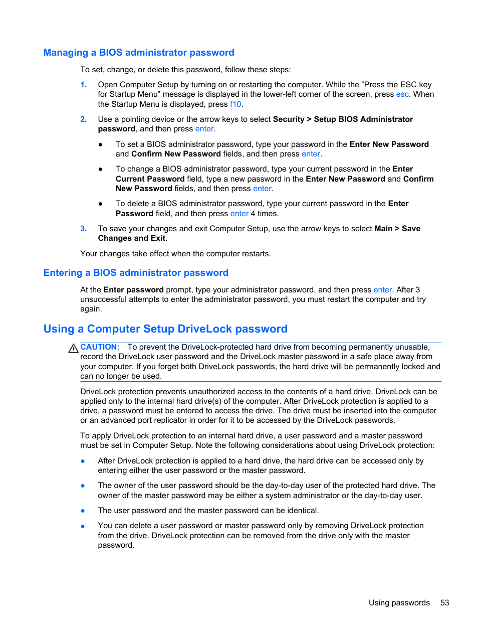 Managing a bios administrator password, Entering a bios administrator password, Using a computer setup drivelock password | HP EliteBook 820 G1 Notebook PC User Manual | Page 63 / 87