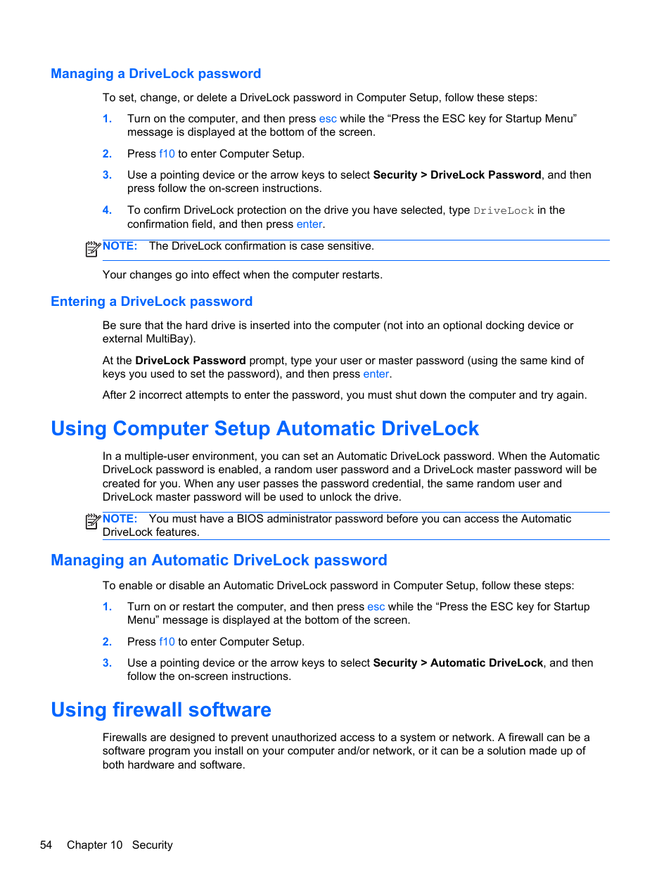 Managing a drivelock password, Entering a drivelock password, Using computer setup automatic drivelock | Managing an automatic drivelock password, Using firewall software | HP EliteBook 820 G1 Notebook PC User Manual | Page 64 / 87