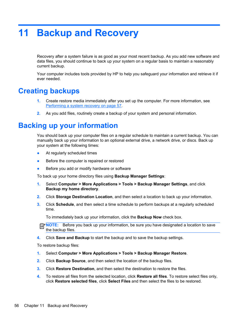 Backup and recovery, Creating backups, Backing up your information | 11 backup and recovery, Creating backups backing up your information | HP EliteBook 820 G1 Notebook PC User Manual | Page 66 / 87