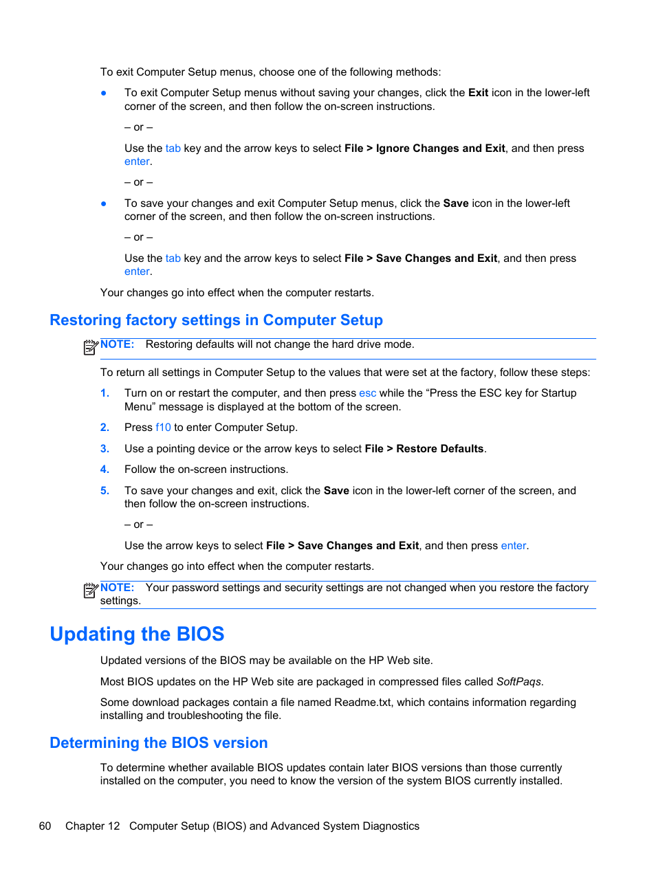 Restoring factory settings in computer setup, Updating the bios, Determining the bios version | HP EliteBook 820 G1 Notebook PC User Manual | Page 70 / 87