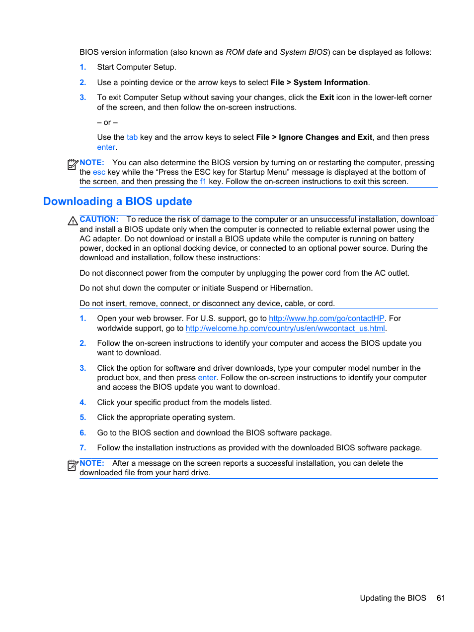 Downloading a bios update | HP EliteBook 820 G1 Notebook PC User Manual | Page 71 / 87