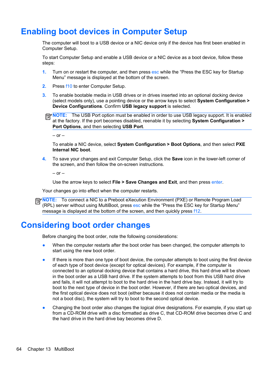 Enabling boot devices in computer setup, Considering boot order changes | HP EliteBook 820 G1 Notebook PC User Manual | Page 74 / 87