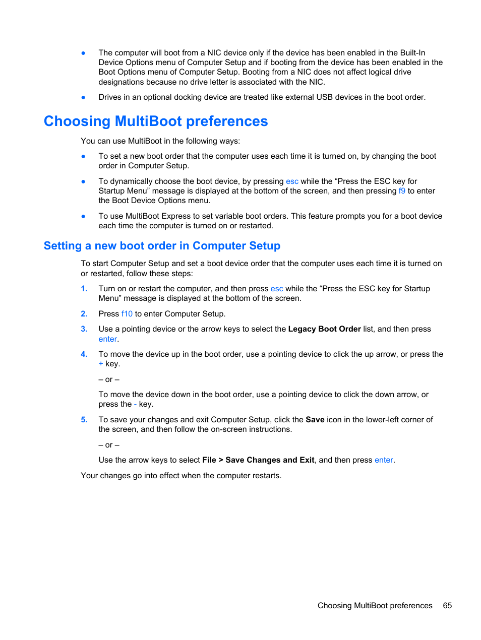 Choosing multiboot preferences, Setting a new boot order in computer setup | HP EliteBook 820 G1 Notebook PC User Manual | Page 75 / 87