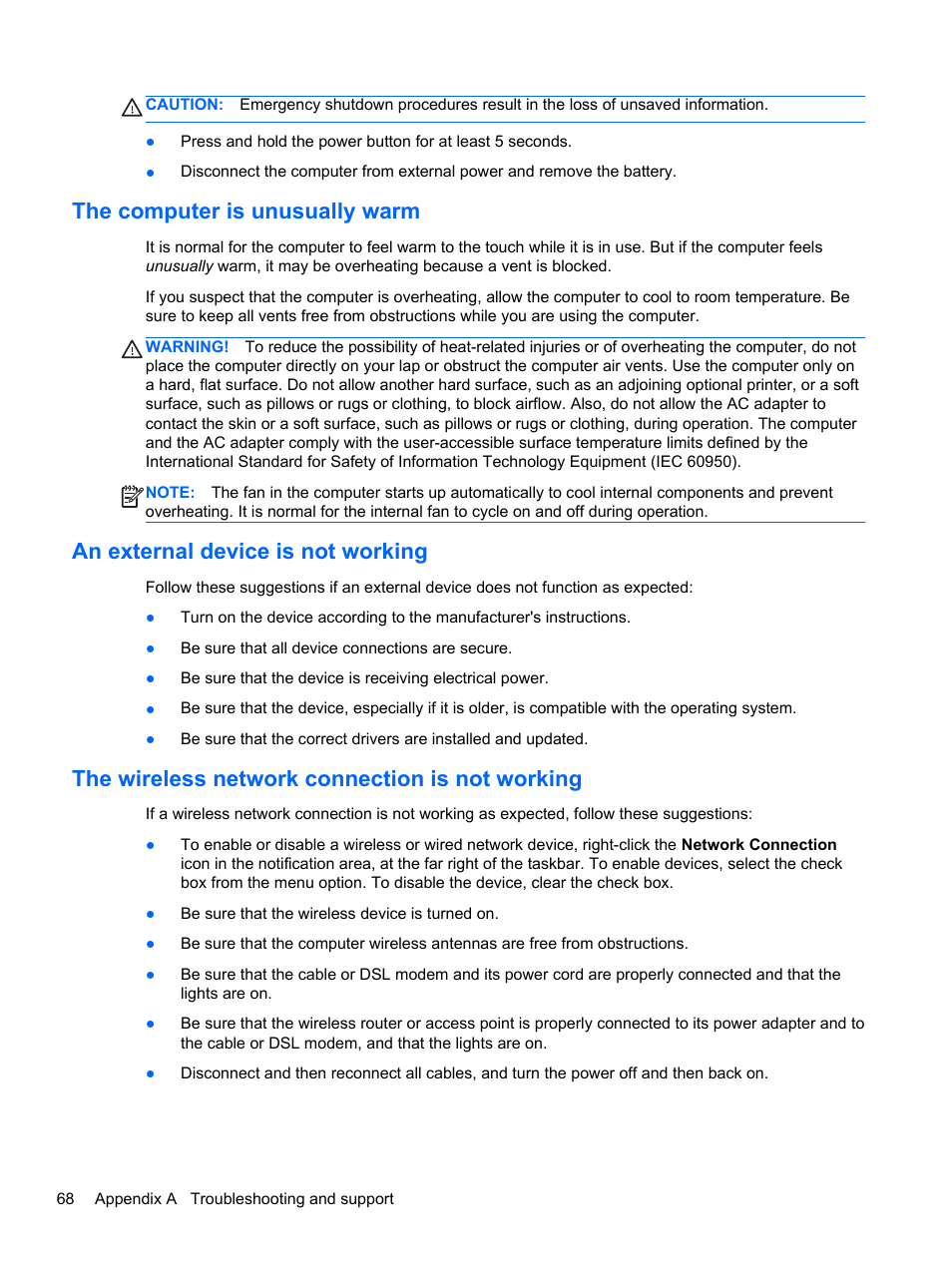 The computer is unusually warm, An external device is not working, The wireless network connection is not working | HP EliteBook 820 G1 Notebook PC User Manual | Page 78 / 87