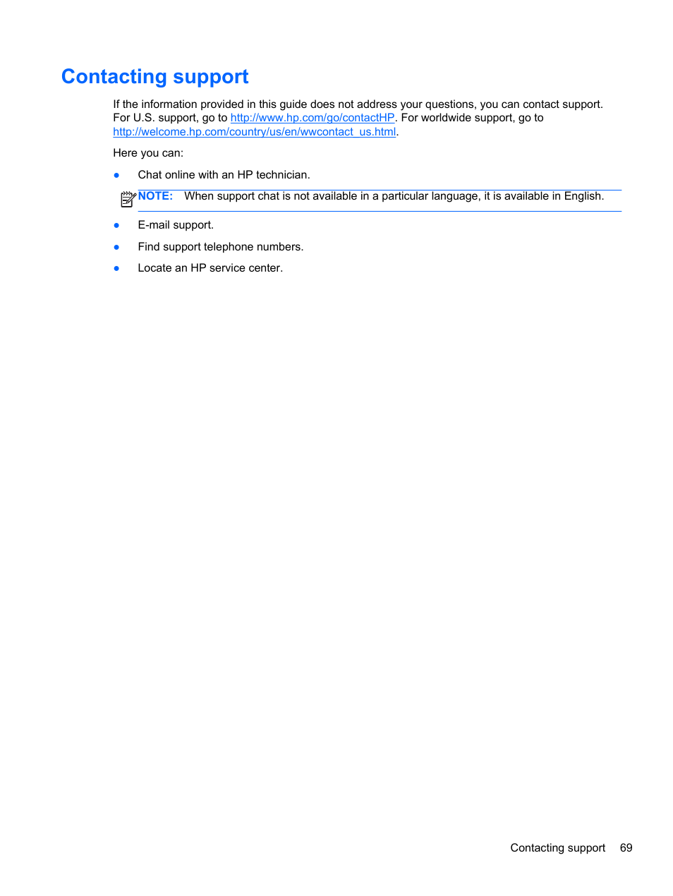 Contacting support | HP EliteBook 820 G1 Notebook PC User Manual | Page 79 / 87
